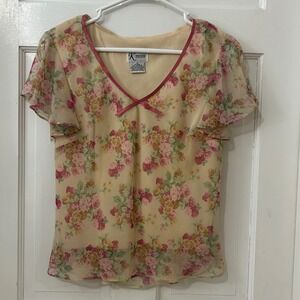 Y2K 12P Sheer Overlay Floral Flutter Sleeve Top Cottagecore Fairy VTG